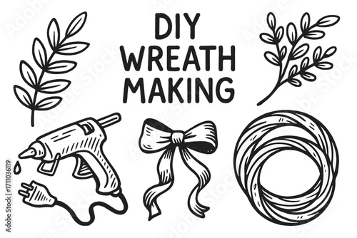 DIY Wreath Doodles. DIY wreath making doodle set: hand drawn icons for leaves, hot glue, ribbon, and base rings, isolated
