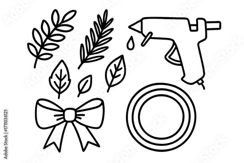 DIY Wreath Doodles. DIY wreath making doodle set: hand drawn icons for leaves, hot glue, ribbon, and base rings, isolated