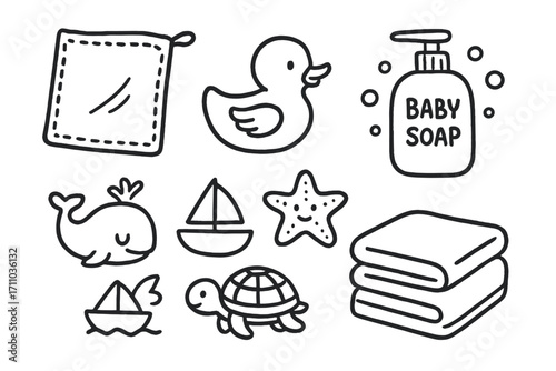 Toddler Bath Doodle Set. Toddler bath time doodle set: hand drawn icons for washcloths, toys, baby soap, and towels, isolated
