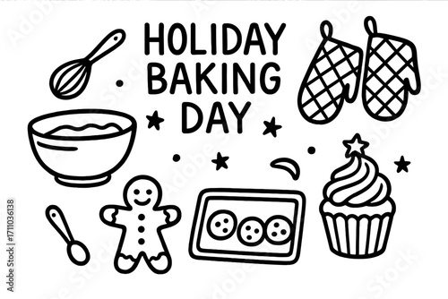 Holiday Baking Icons. Holiday baking day doodle set: hand drawn icons for mixing, oven mitts, and family treats, isolated
