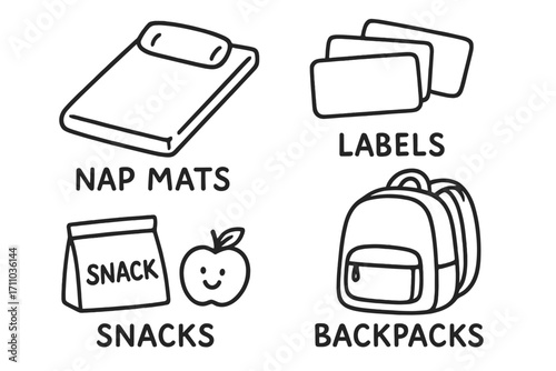 Pre-School Essentials Art. Pre-school prep doodle set: hand drawn icons for nap mats, labels, snacks, and backpacks, isolated
