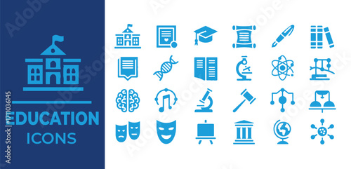 School building graduation cap scroll pen books document dna brain music microscope gavel atom mobile chandelier theater masks easel building globe virus