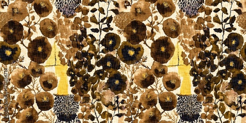 Stylised autumn winter brown floral watercolor seamless border pattern. Rustic cottage style mottled banner trim blur effect fabric texture design. For fall botanical wash tape