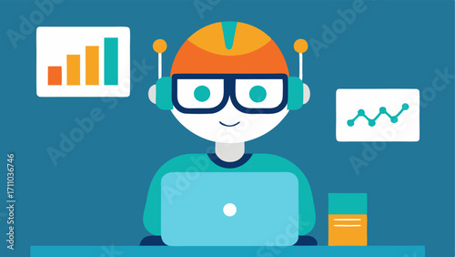 Data Analysis A character in glasses sitting at a computer displaying brainwave data charts with the neurofeedback headset on symbolizing analytical thinking and cognitive