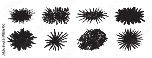 burst brush strokes vector set. grunge exploding shape text boxes. dirty distress texture shape set