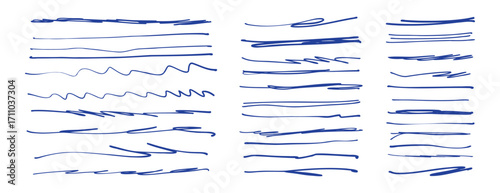 Hand drawn blue pen underline strokes. freehand pen stroke sketch brush scribbles, ink marker squiggle lines.
