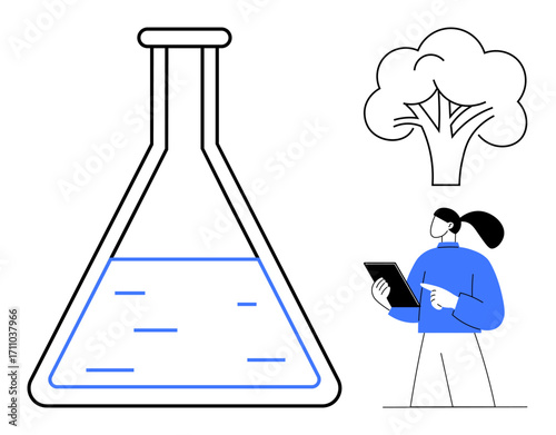 Laboratory flask with liquid, tree symbolizing nature, scientist with tablet. Ideal for sustainability, research, innovation, environment, technology, education simple landing page
