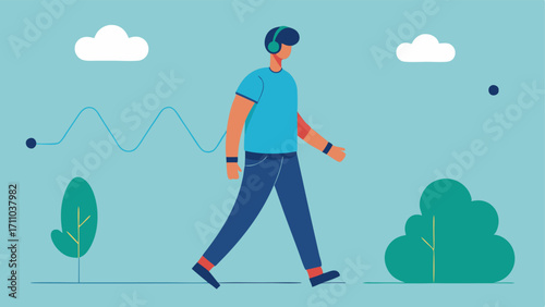 Casual Walk in Park An image of a person strolling in a park wearing an armband device that tracks various biometrics with a faint graph overlay illustrating fluctuations.