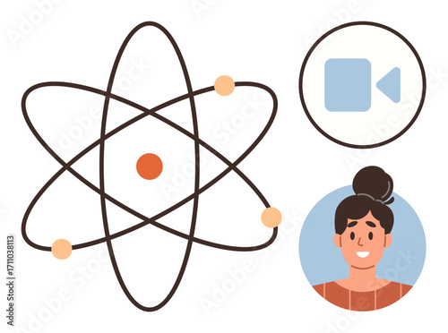 Atomic structure with orbiting electrons, video call icon, and smiling person in profile view. Ideal for education, virtual learning, science communication, online courses, collaboration, STEM