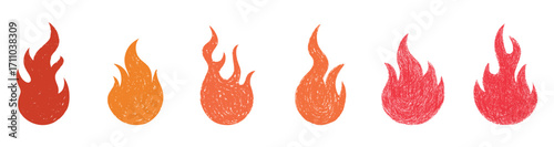 Textured Fire Flame Icon Set – Grunge Burning Vector Symbols