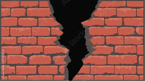 Brick wall background with a large crack. Cracked Brick wall. Damaged Wall Background. Vector illustration.
