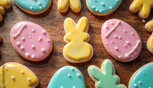 Colorful Easter cookies decorated with icing and made by kids, arranged beautifully on a wooden table