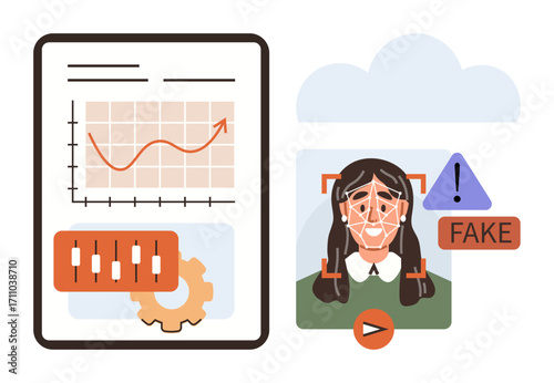 Facial recognition over a womans image with fake warning, chart, and graph analyzing data trends. Ideal for AI, security, deepfake detection, analytics, innovation, cybersecurity digital ethics