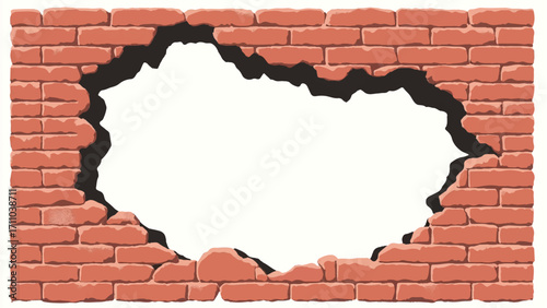 Broken Brick wall with white Hole. A Brick wall with a large hole in the center. Vector Illustration.