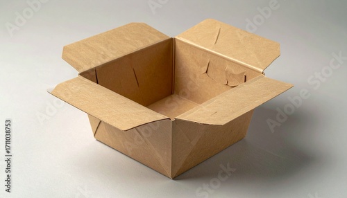 Empty brown cardboard takeout container made of eco-friendly kraft paper, partially open and placed on a neutral gray surface—highlighting sustainable packaging design for food delivery and takeout se