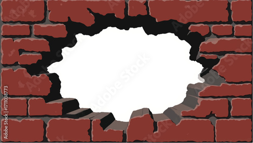 Broken Brick wall with white Hole. A Brick wall with a large hole in the center. Vector Illustration.