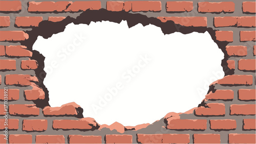 Broken Brick wall with white Hole. A Brick wall with a large hole in the center. Vector Illustration.