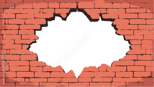 Broken Brick wall with white Hole. A Brick wall with a large hole in the center. Vector Illustration.