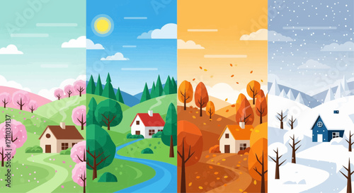 Four Seasons Landscape A visual representation of the changing seasons from spring to winter, featuring nature, homes, and landscapes