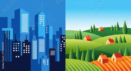 A vibrant visual contrast depicting the dynamic differences between bustling city life and the serene tranquility of the rural countryside, showcasing diverse environments and lifestyles