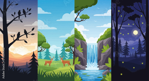 A captivating collection of natural scenes, showcasing the serene beauty of forests, wildlife, waterfalls, and fireflies from sunrise to a magical starry night