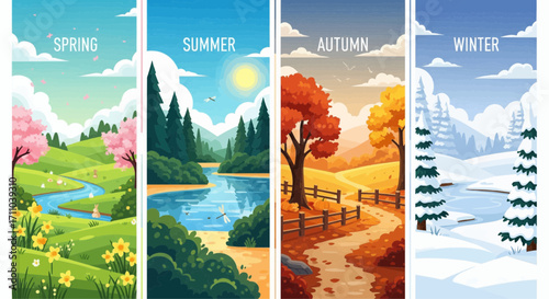Four Seasons Scenery Colorful Landscapes Depicting Spring, Summer, Autumn, and Winter