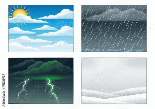 Set of four cartoon illustrations showing different weather conditions a sunny day, a rainstorm, a thunderstorm with lightning, and a snowy winter scene