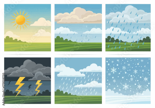 A collection of vector illustrations depicting various weather conditions, including sunny days, rain, thunderstorms, and snowy landscapes