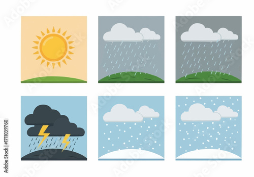 Vibrant vector illustrations showcasing a comprehensive range of weather conditions, from sunny skies and gentle rain to severe thunderstorms and heavy snowfall, ideal for forecasting