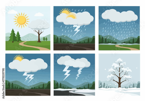 Vector collection of six natural landscape scenes depicting a variety of weather conditions and seasons