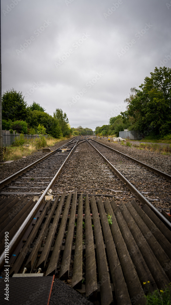 Fototapeta premium Railroad tracks converging into the distance under a cloudy sky