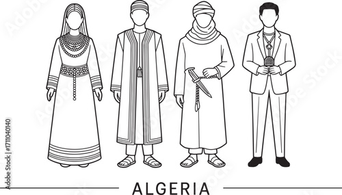 Algeria Traditional Clothing Line Art Illustration Showcasing Cultural Heritage and Identity