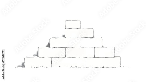 A black and white, hand-drawn illustration of a stack of bricks on a white background. Brick wall. A stack of bricks.	
