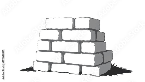 A black and white, hand-drawn illustration of a stack of bricks on a white background. Brick wall. A stack of bricks.	