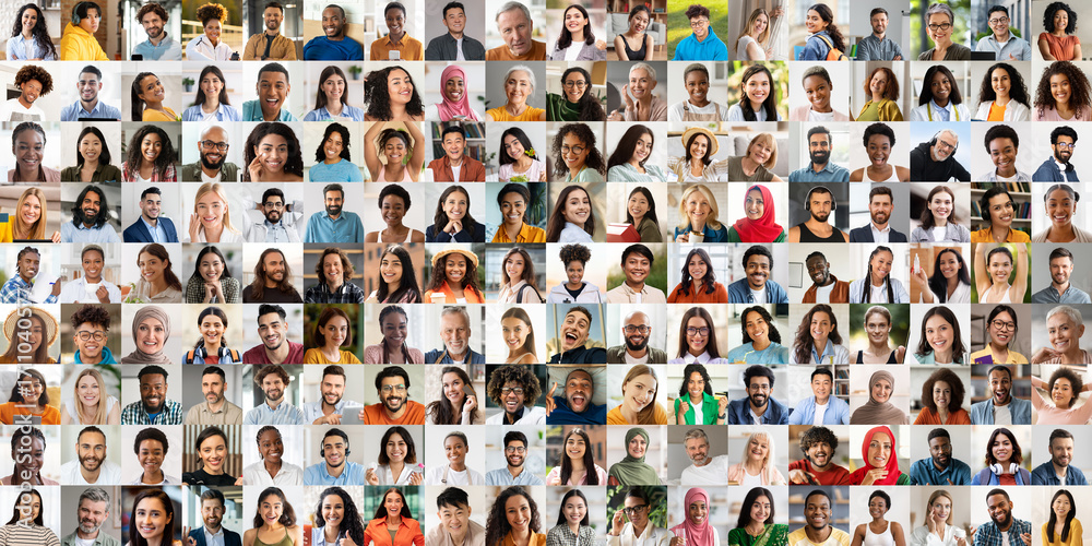 Fototapeta premium A vibrant collage captures diverse individuals smiling and enjoying life. Each face represents unique backgrounds and cultures, reflecting the beauty of community and togetherness.