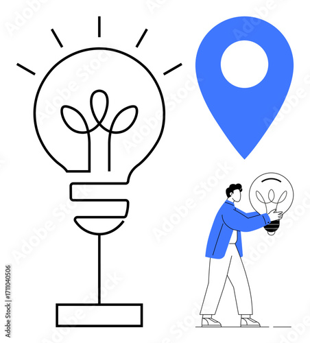 Man carrying a light bulb with a leaf pattern, large blue location pin to emphasize innovation and eco-conscious ideas. Ideal for creativity, design, sustainability, planning, progress, inspiration