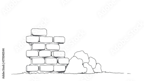 A black and white, hand-drawn illustration of a stack of bricks on a white background. Brick wall. A stack of bricks.	