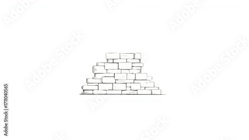 A black and white, hand-drawn illustration of a stack of bricks on a white background. Brick wall. A stack of bricks.	