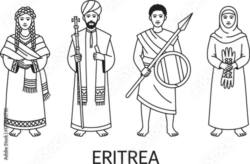 Eritrean Cultural Heritage Line Art Depiction of Traditional Clothing and Customs of Eritrea Nation
