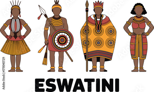 Eswatini Traditional Clothing Line Art Illustration Depicting Cultural Heritage and National Identity
