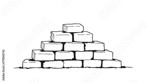 A black and white, hand-drawn illustration of a stack of bricks on a white background. Brick wall. A stack of bricks.	