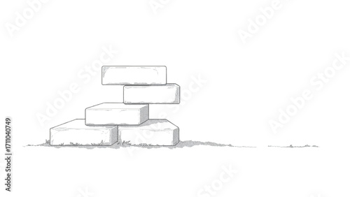 A black and white, hand-drawn illustration of a stack of bricks on a white background. Brick wall. A stack of bricks.	