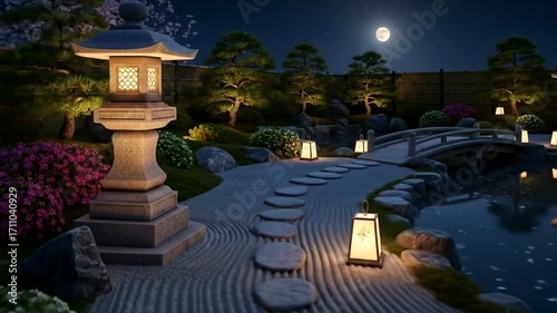 Serene Japanese garden at night, featuring a tranquil pond, decorative lanterns, and a small bridge.