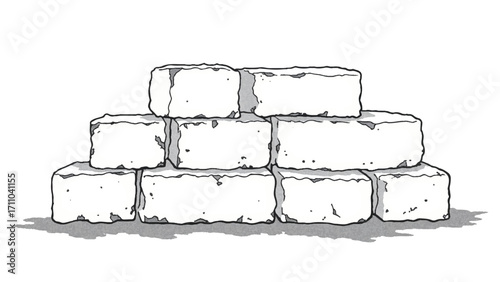 A black and white, hand-drawn illustration of a stack of bricks on a white background. Brick wall. A stack of bricks.	