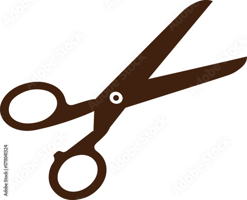 Open brown scissors symbol for cutting crafting and office work isolated on white