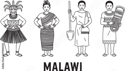 Malawi Traditional Clothing Line Art Illustration Showcasing Cultural Heritage and Identity