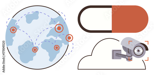 Globe with connected points, security camera on cloud, oversized capsule. Ideal for global healthcare, security, technology, connectivity, disease tracking data protection. Simple flat metaphor