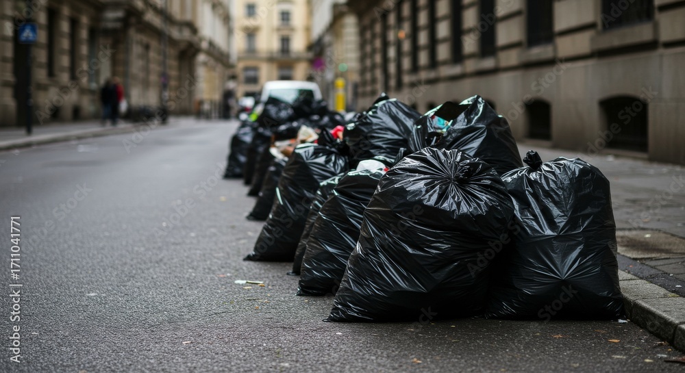 Obraz premium Trash bags piled on city street during urban clean-up event 