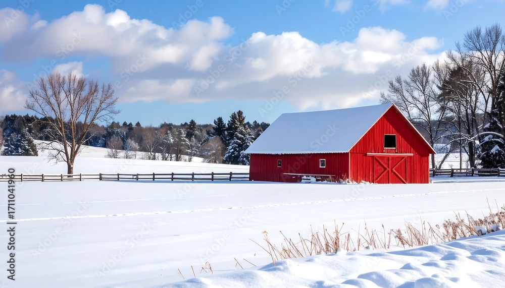 © senopati - A vibrant red barn, snow-covered, stands against a bright blue sky, framed by a fence and sparse winter trees © senopati - A vibrant red barn, snow-covered, stands against a bright blue sky, framed by a fence and sparse winter trees