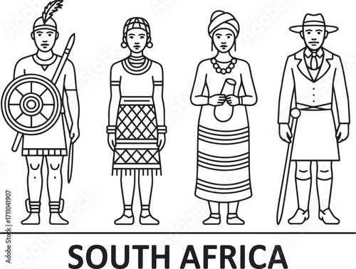 South Africa Traditional Clothing Line Art Illustration Depicting Cultural Heritage and National Identity